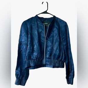 Tara Jarmon Paris Cropped Bomber Jacket Metallic Shimmer Blue Zip size 42 10 US